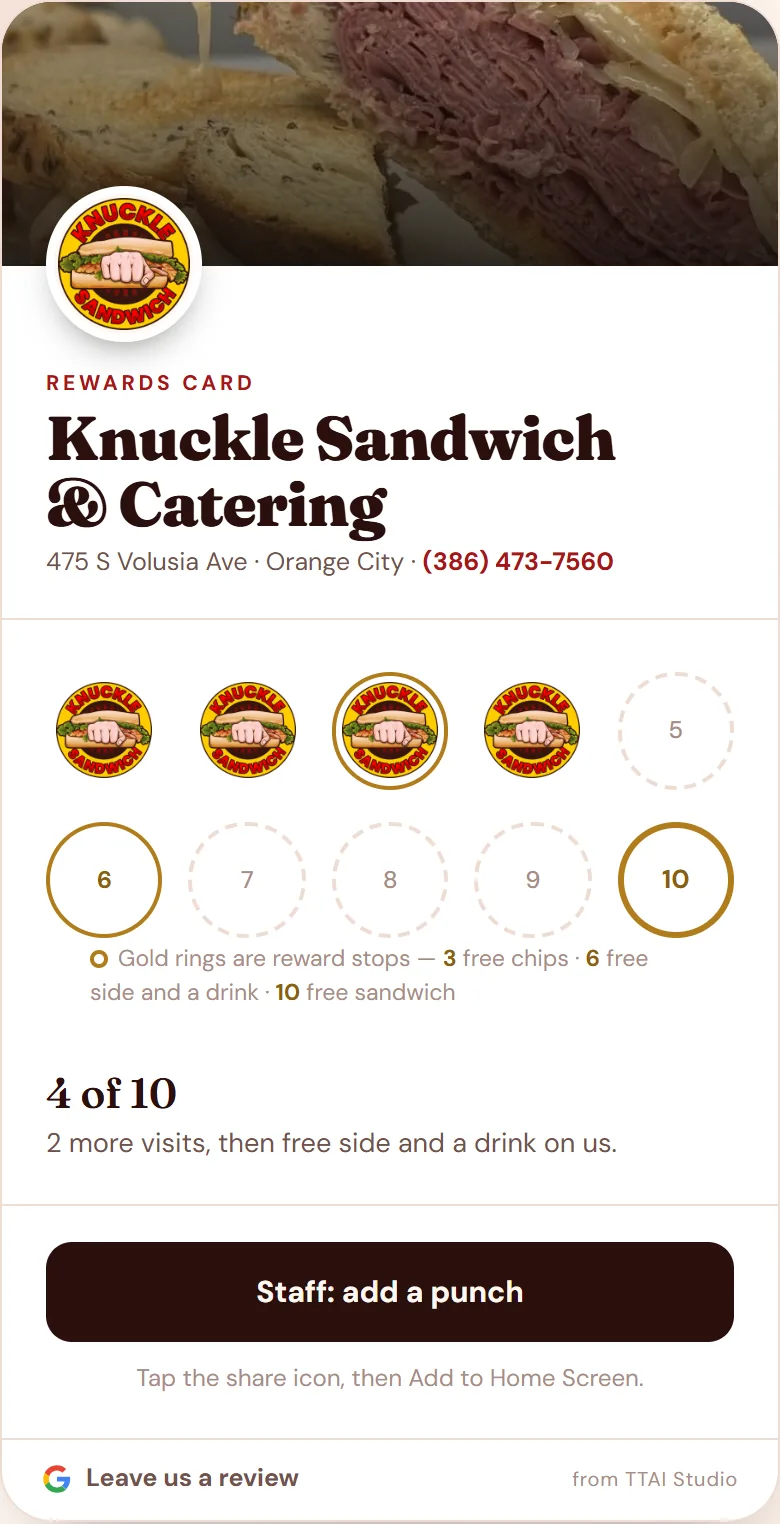 Knuckle Sandwich & Catering digital rewards card showing four of 10 visits